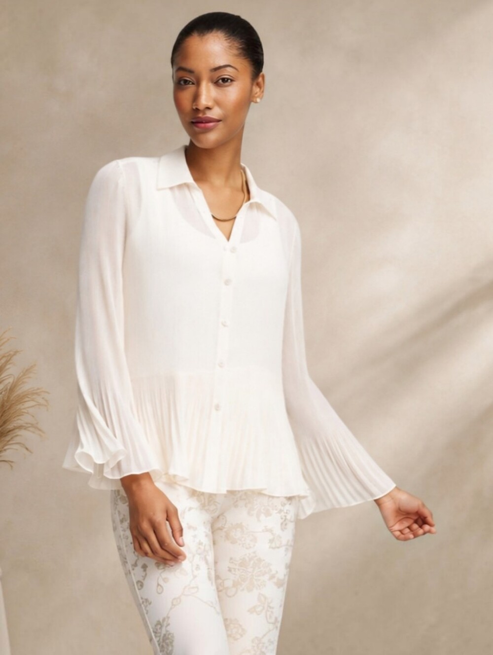 Chico's Pleated Georgette Blouse English Cream Button Front Size M (Chico's 1)